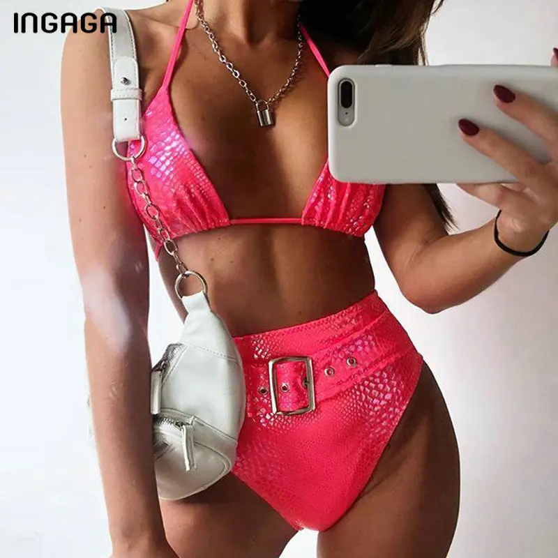 

INGAGA Solid Snake Bikini Mujer High Waist Swimwear Women String Halter Swimsuits Sexy Belted Biquini 2020 New Brazilian Bathers