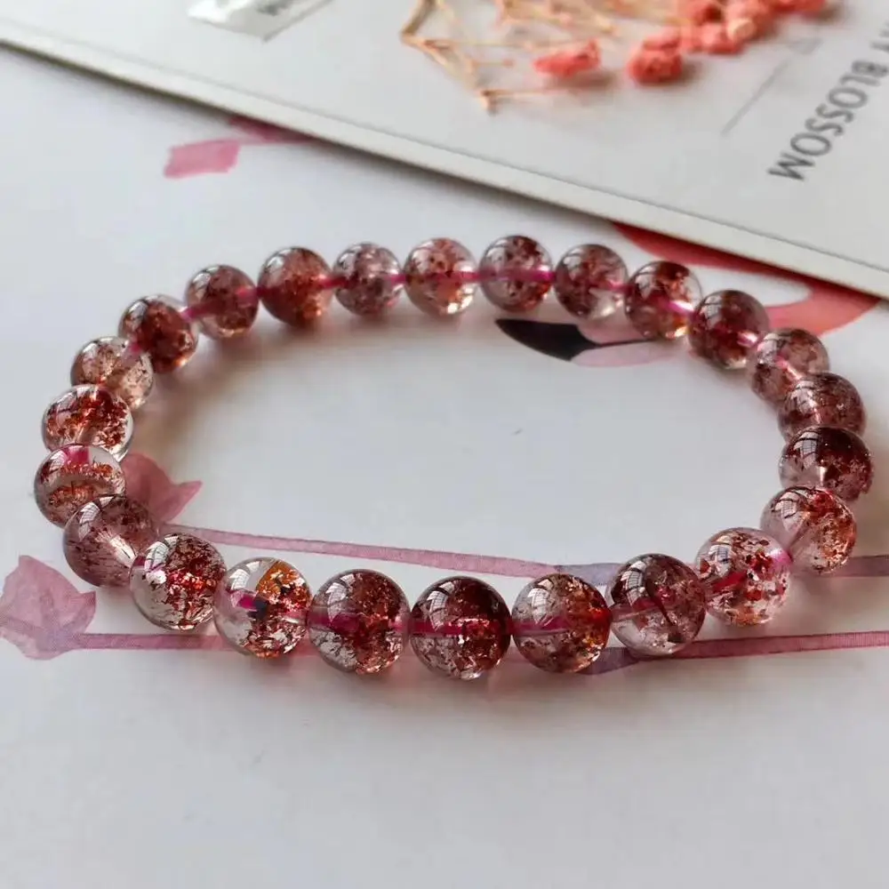 

7.8mm Natural Lepidocrocite Quartz Crystal Woman Red Super 7 Clear Round Beads Bracelet Stretch Gemstone AAAAA Certificate