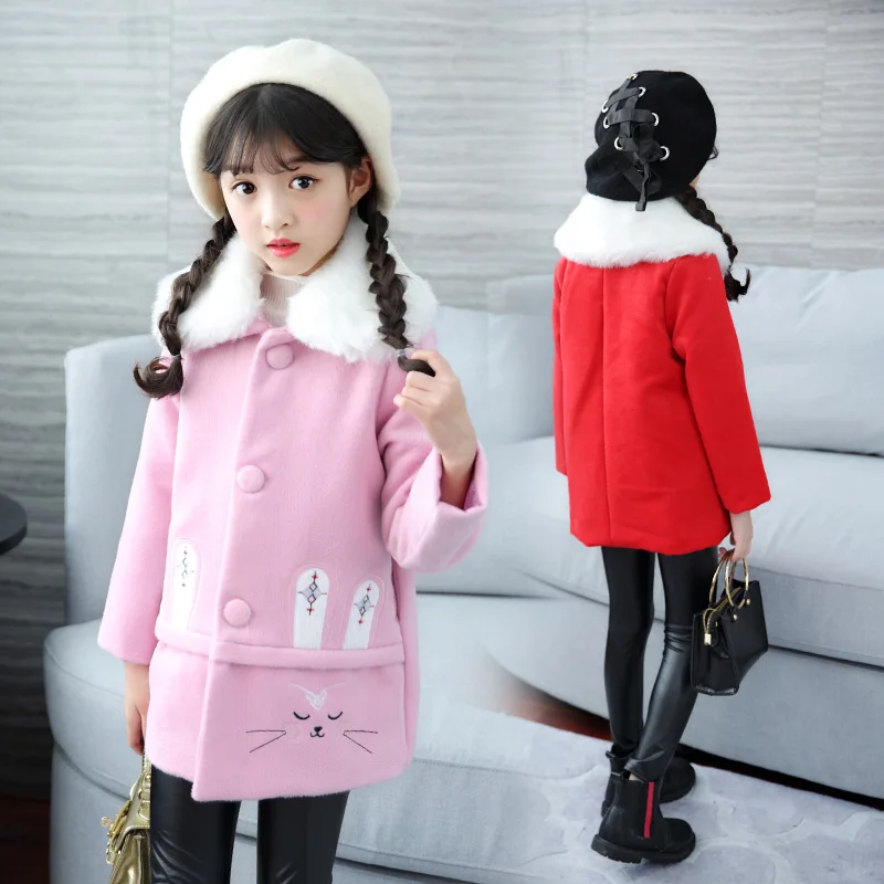 

2019 Girls Winter Warm Coats Jacket Children Winter High quality Long sleeve Wool coat rabbit print girls jacket 6 8 10 12 y