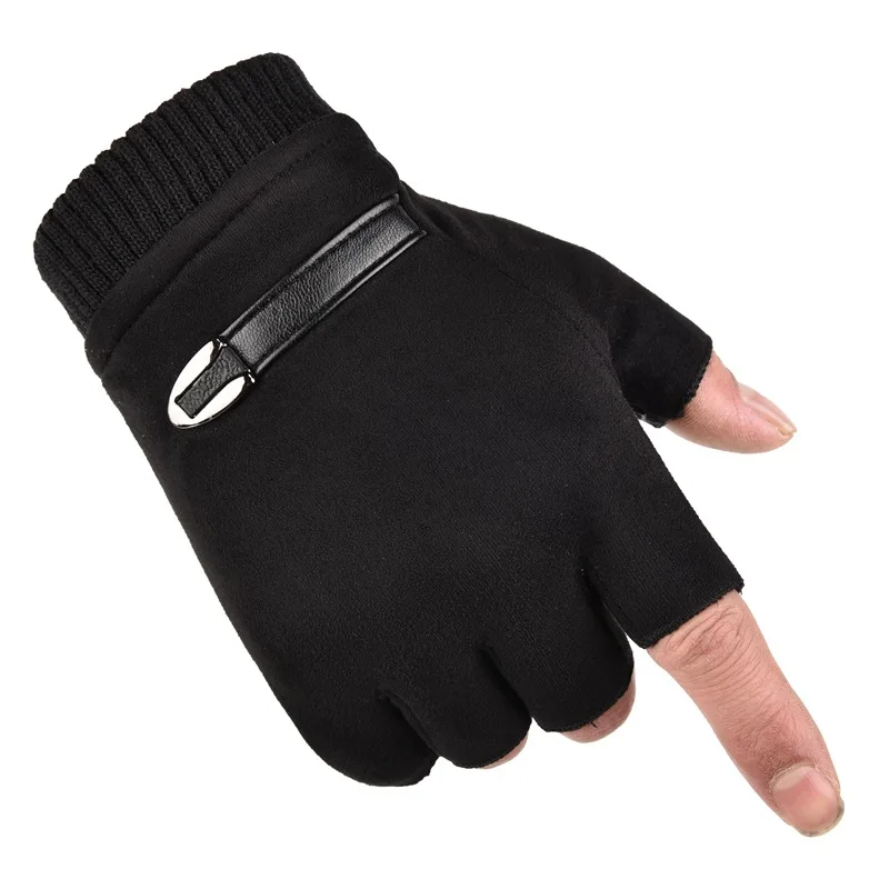 Men's Suede Leather Half Finger Gloves Plus Velvet Thermal Anti-Slip Driving Winter Gloves Male Student Write SZ050
