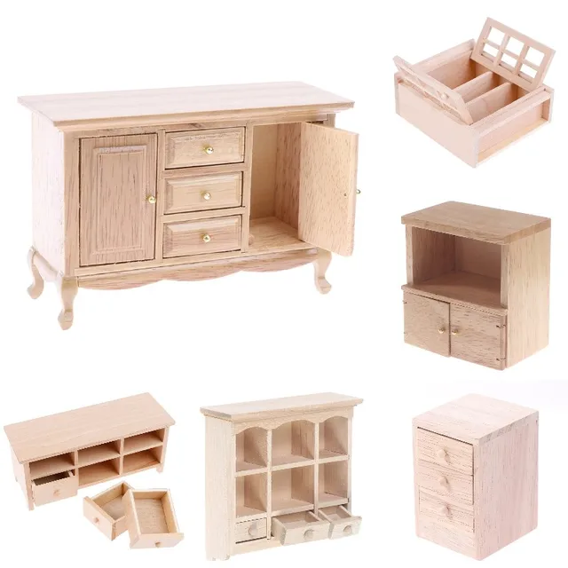 Wood Color 1/12 Dollhouse Miniature Mini Simulated Wooden Cabinet Lockers TV Cabinet With Drawer Furniture Model Toy Accessories 3