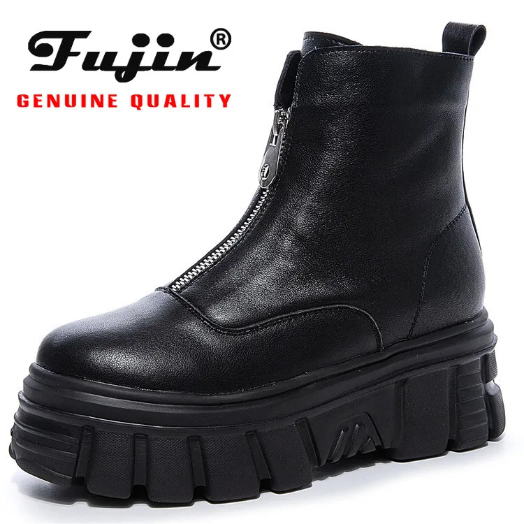 

genuine boots New Combat Women Winter Boots Gothic Black Sock Platform Boots Leather Ankle Boots Women Shoes Fashion Botas Mujer