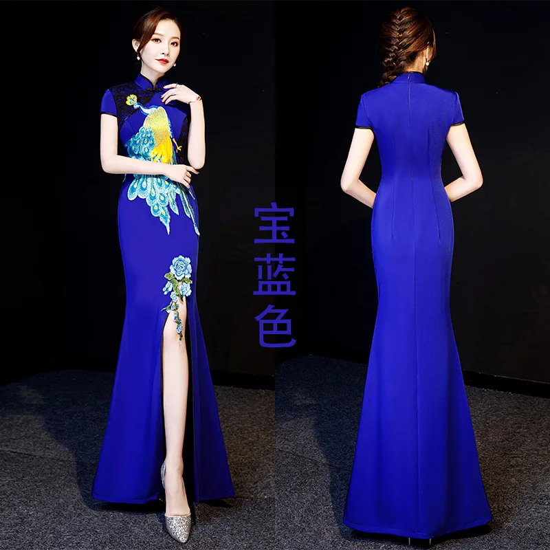 Sexy Lace peacock flower embroidery Standing collar Improved cheongsam Qipao Evening Dress Vestidos