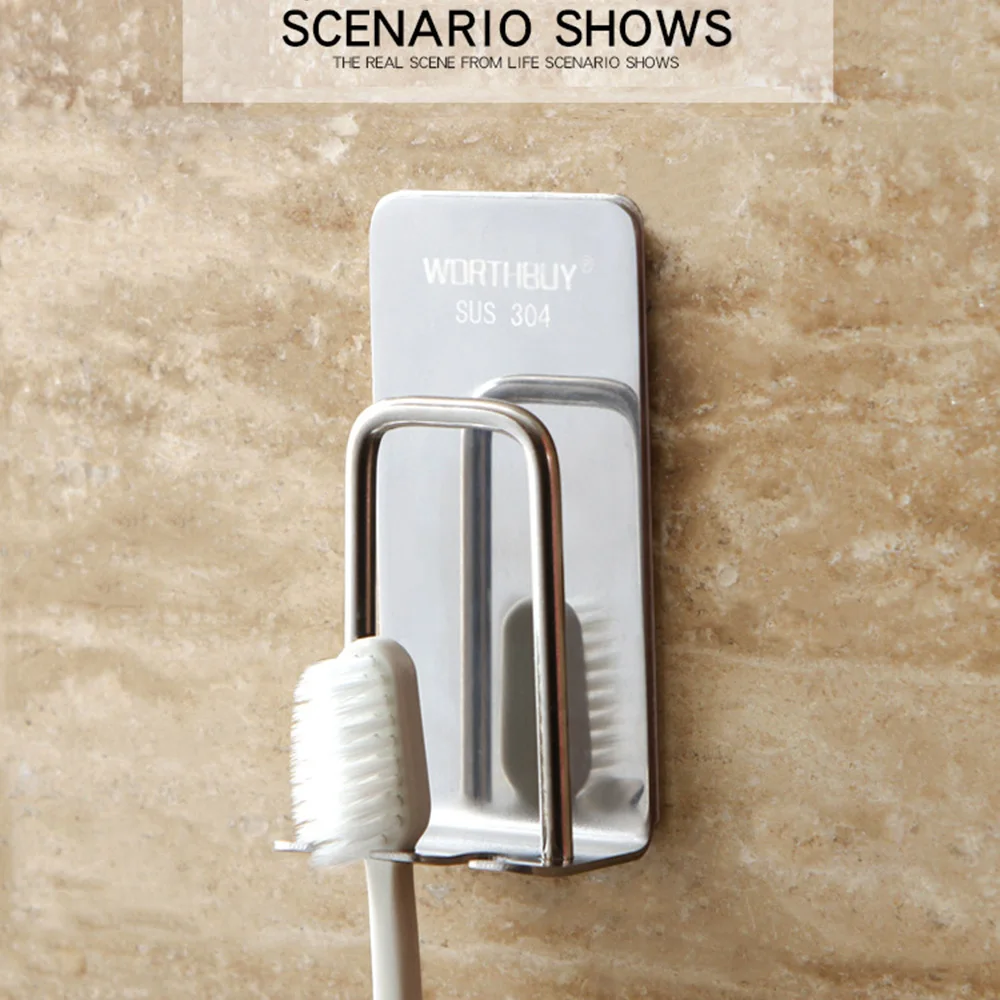Light Grey Stainless Steel Toothbrush Holder Organizer Hook Self-adhesive Toothbrush Holder Wall Mount Tooth Brush Mug Bathroom Supplies - Color: Light Grey