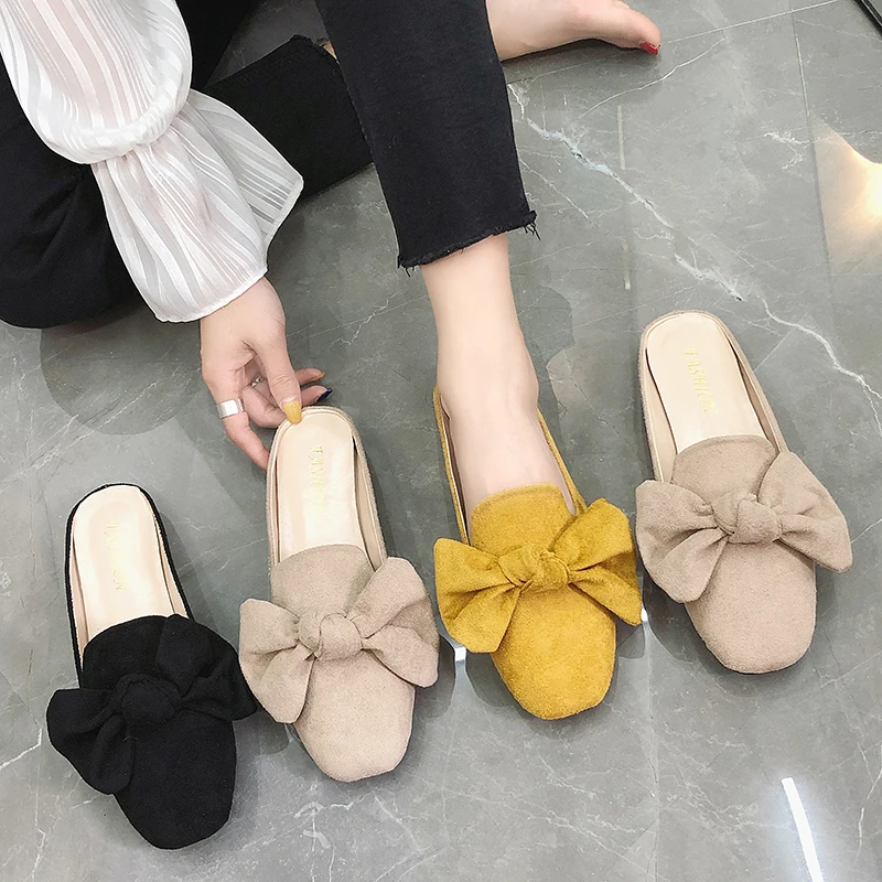 

Spring Summer Women Slippers Cover Toe Slide Woman Loafers Big Bowtie Slip on Flat Shoes Woman Black Slipper zapatos mujer N7728
