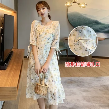 

631# Summer Korean Fashion Maternity Nursing Long Dress Elegant Breastfeeding Clothes for Pregnant Women Print Chiffon Pregnancy