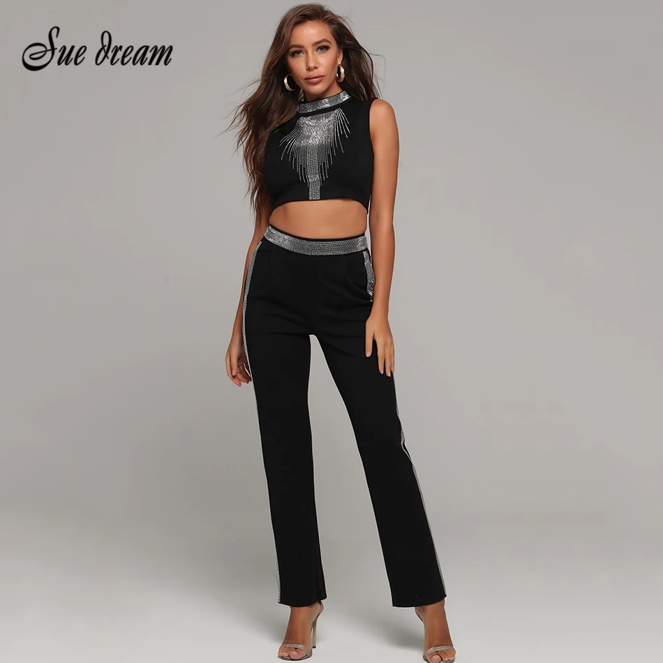 2021 Summer New Women'S Black 2 Piece Two Piece Set Bandage Set Beaded ...