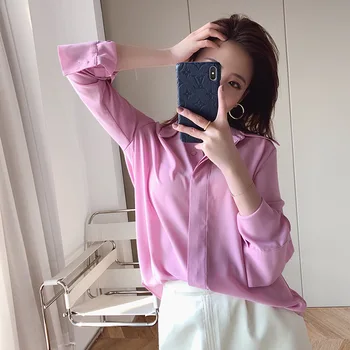 

2020 Spring Summer Women's Shirt Loose Purple Pink Long Sleeve Thin Shirt