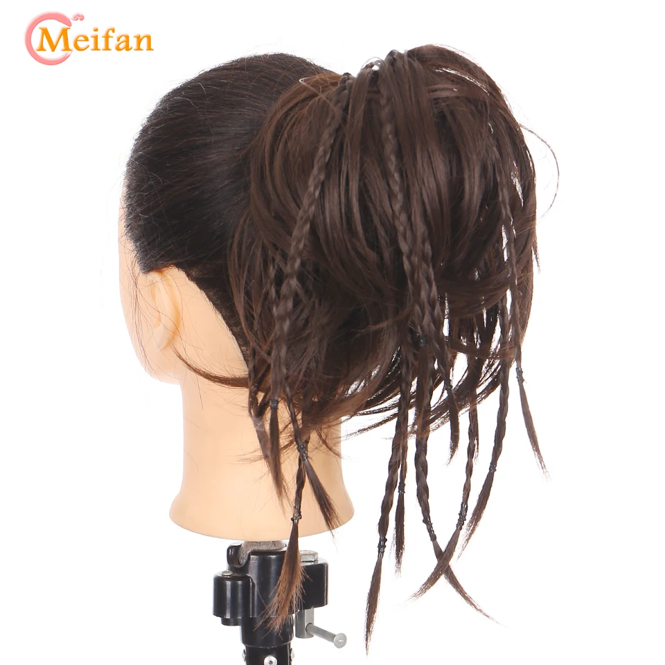 Flash Sale MEIFAN-banda de goma trenza moño para cabello sintético, moño de pelo falso Natural, rizado, extensiones de Clip en coletas B6qpeOy5ejE