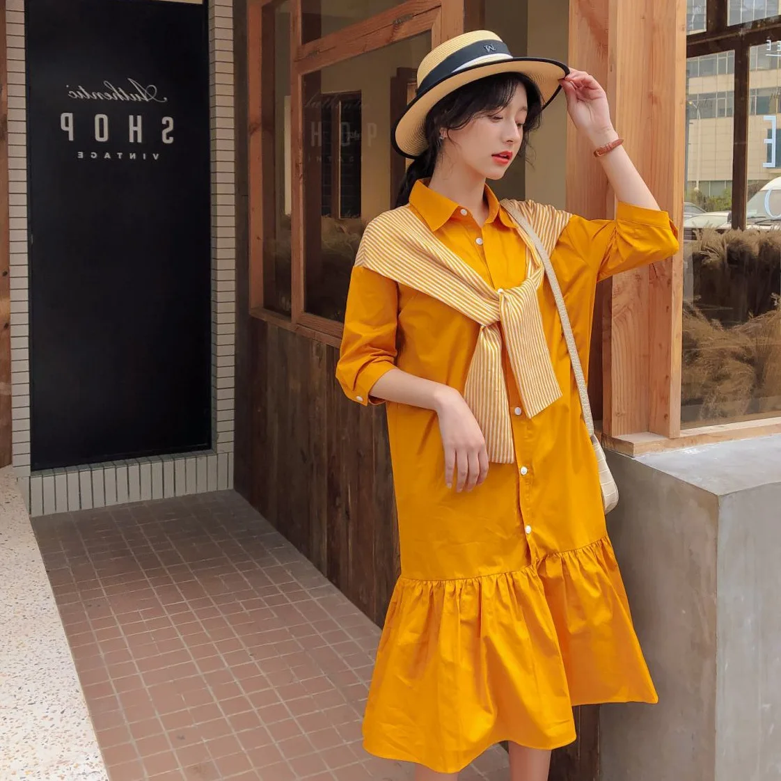 

Photo Shoot CHIC Navy Style Stripes Shawl Fold-down Collar Single Breasted Joint Mock Two-Piece Flounced Shirt Dress Women's