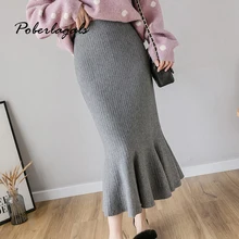Осень Зима Женский эластичный свитер рыбий хвост юбка высокая талия винтажная трикотажная юбка трапециевидная Женская однотонная элегантная длинная юбка