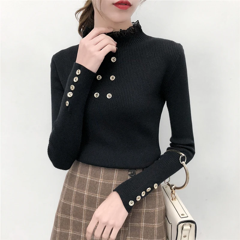 Women Sweater Slim Winter Patched Lace Turtleneck Sweater Long Sleeve Knitting Pullover Womens Sweaters