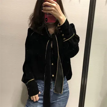 

Hchenli Brand 2019 Women Velvet Shirt High Quality Bow Blouse Drop Shipping