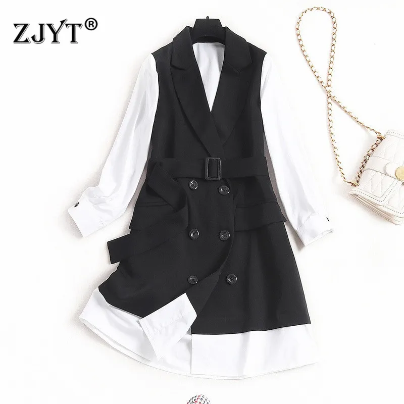 

High Quality Spring Women Dress 2020 New Elegant Long Sleeve Turn Down Collar Double Breasted Color Block One Piece Dress