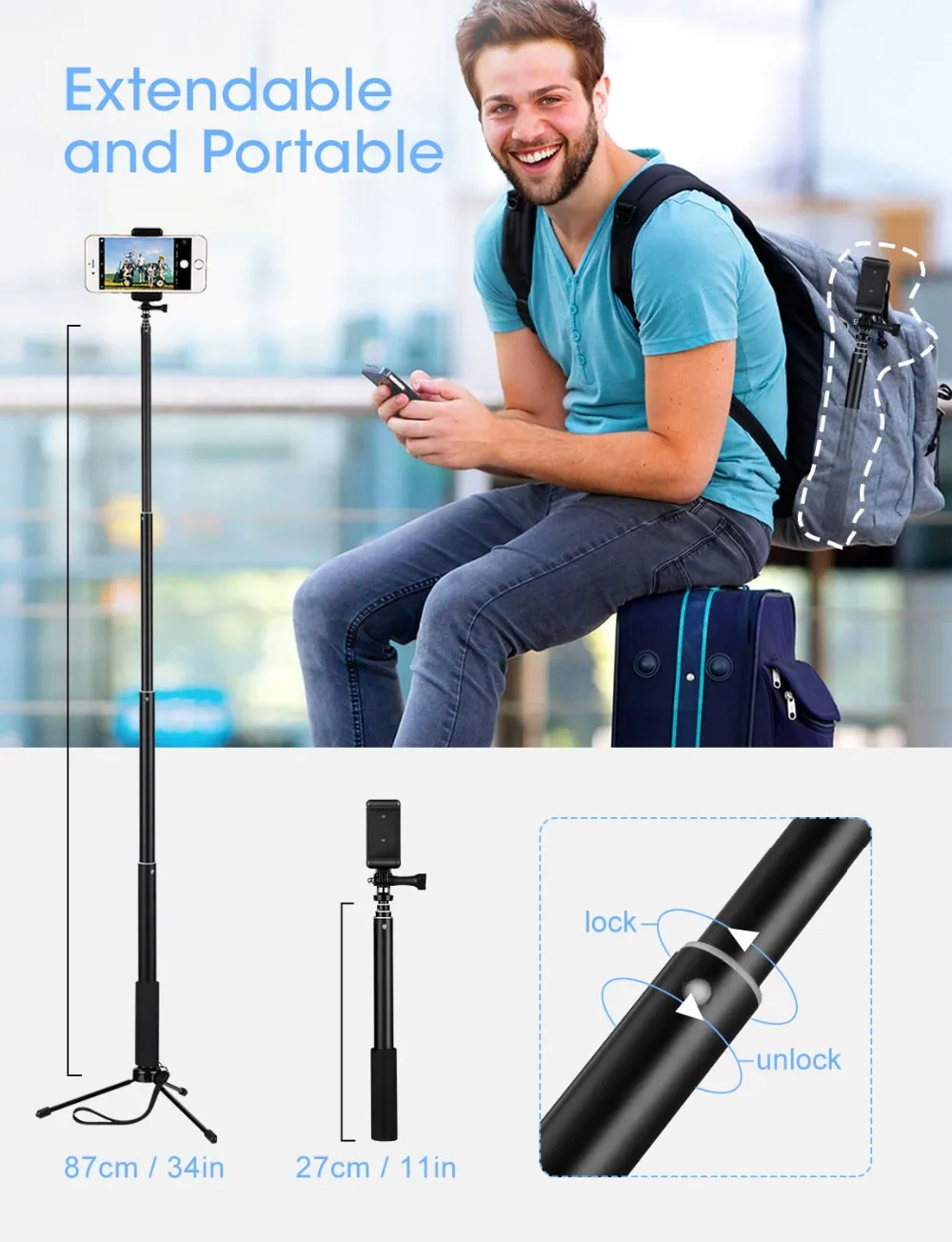 Mpow 074 Bluetooth Selfie Stick Extendable Selfie Stick Tripod Built-in GoPro Connector Detachable Tripod Stand For Phone Selfie (5)