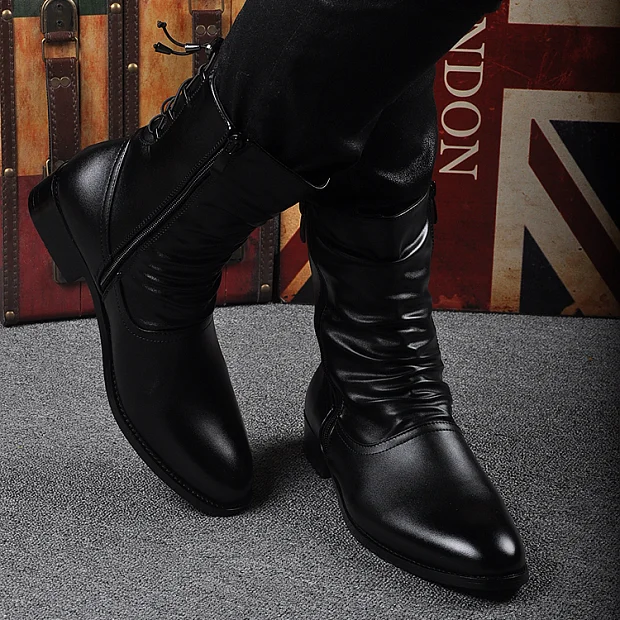 Mens Leather Boots Idopy Spring Autumn Men Pointed Toe Lace Faux Leather Boots Male Punk Leather High Heels Shoes Zipper Booties