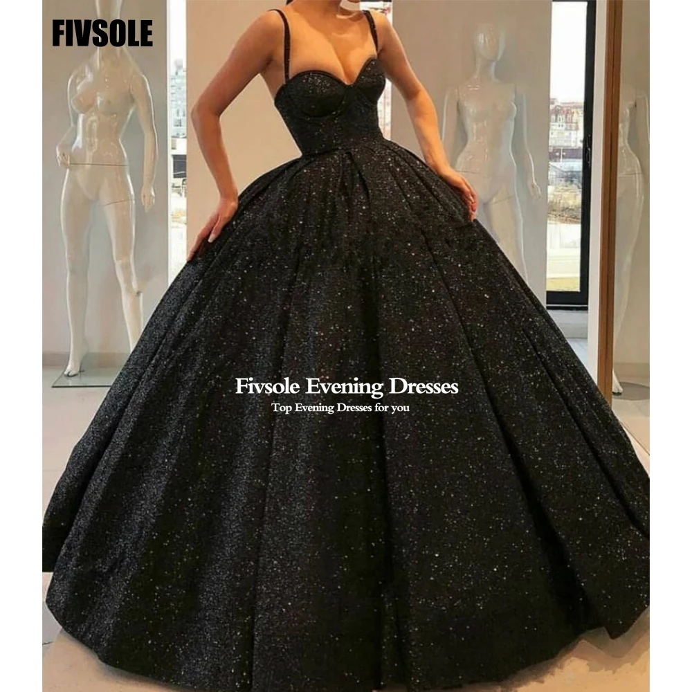 Fivsole Black Elegant Glitter Ball Gown Quinceanera Dresses 2022 Spaghetti Prom Dresses Graceful Vestido De Festa Back Lace up