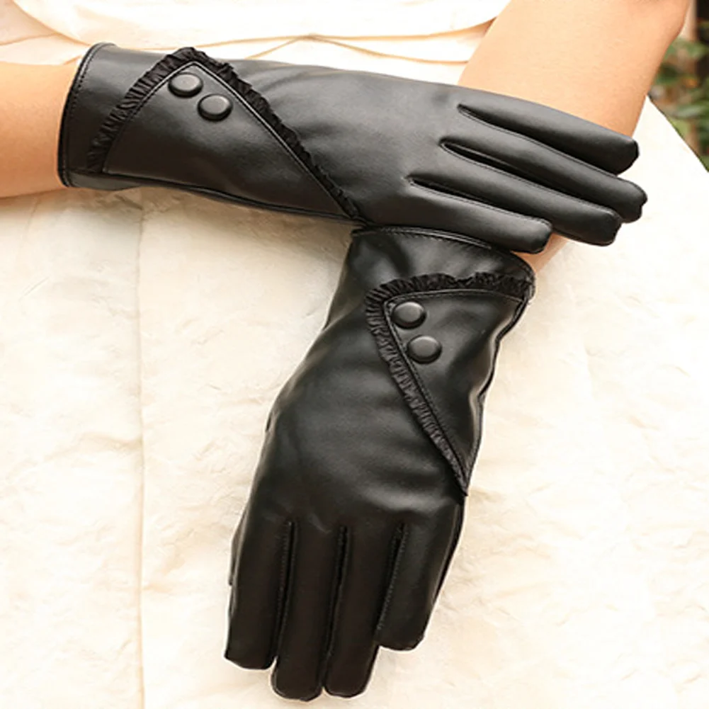 Новые модные женские зимние теплые мягкие из искусственной кожи ветрозащитные уличные перчатки рукавицы с сенсорным экраном черные коричневые фиолетовые - Цвет: Черный