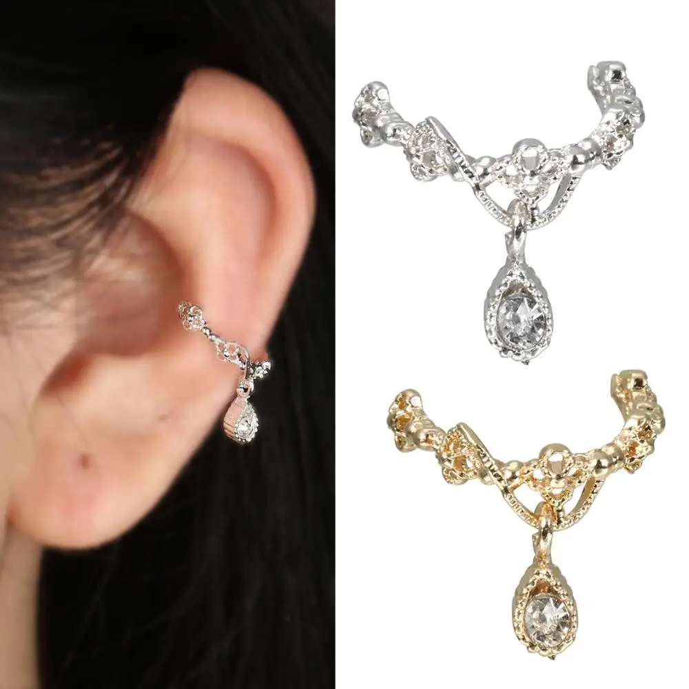 1 шт., элегантные женские хрустальные стразы, подвеска в виде капли воды, каффы для ушей, клипсы, хрящи, серьги, серебро, золото, искусственный пирсинг, ювелирное изделие