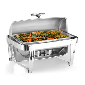 

9 Quart Stainless Steel Full Size Roll Top Chafing Dish High Grade Rectangular Clamshell Buffet Stove With Pan Fuel Burner Holde