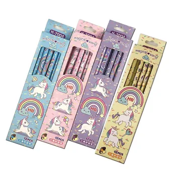 

12 Pcs/Set High Quality Cute Rainbow Unicorn Wooden HB Pencil Automatic Pen With Eraser For Kid School Office Supply