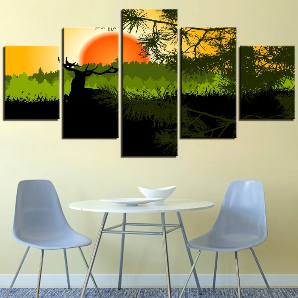 5 Pieces Deer Canvas Painting Forest Wallpapers Sun Poster Trees Pictures Landscape Animal Cartoon For Home Room Decor Grassland | Дом и сад