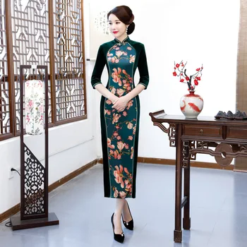

Novelty Chinese Women Qipao Dress Velour Patchwork Print Flower Cheongsam Prom Dresses Half Sleeve Vintage Button Vestidos