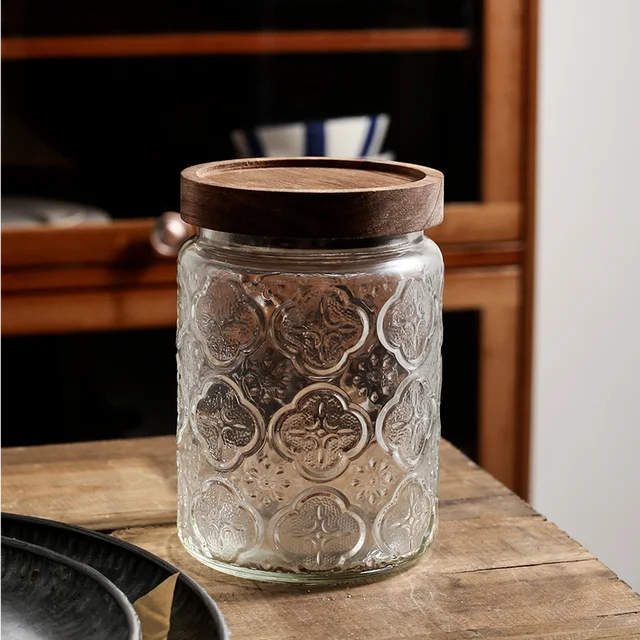700ml Sealed Glass Sugar Jar Nut Coffee Bean Storage Jar Embossed Flower Glass Tea Can Kitchen Food Storage Container Bottle Tin 2