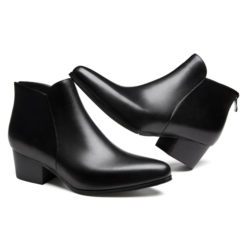 Men Ankle Boots Genuine Leather Men Boots Fashion High Heels Chelsea Boots Black Comfortable Men Footwear Size 36-47