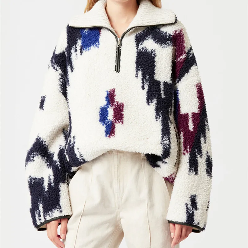 Abrigos de lana con cremallera para mujer, chaquetas Vintage holgadas de manga larga con cuello vuelto, Color Patchwork, primavera 2022 - AliExpress