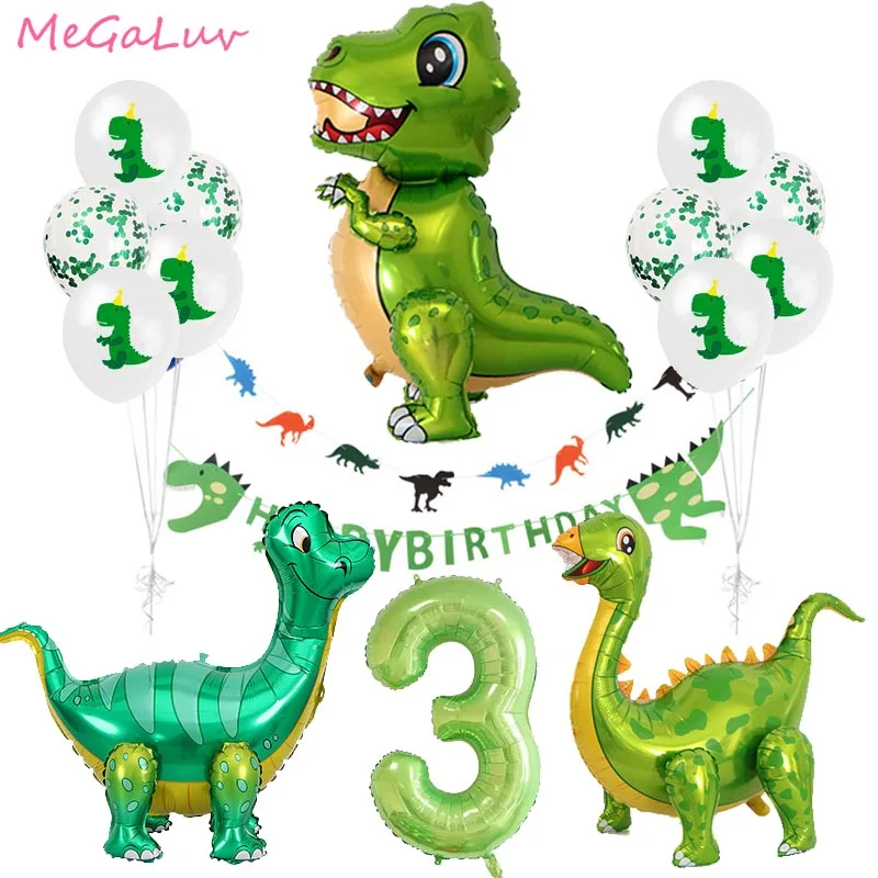 Tasa de descuento Globos de papel de aluminio para decoración de cumpleaños, esfera de dinosaurio verde de pie de cumpleaños 3, ideal como suministros de fiesta de piezas de animales de la selva WDgDRZVbz