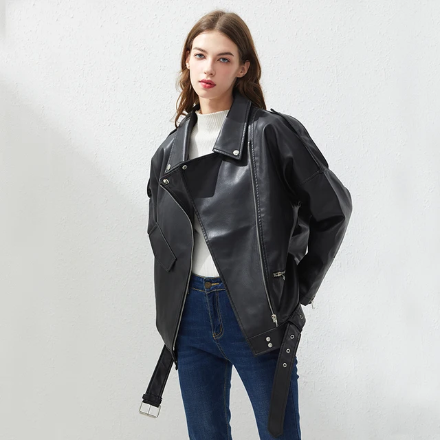Buy OnlineFitaylor PU Faux Leather Jacket Women Loose Sashes Casual Biker Jackets Outwear Female Tops BF Style Black Leather Jacket Coat.