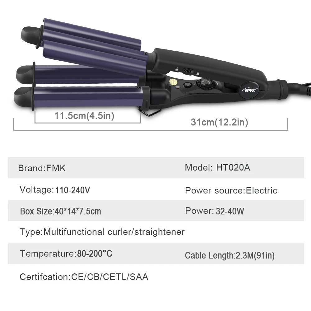 FMK Hair Curler Triple Curling Iron Tourmaline Ceramic Plate Hair Curler Hair Waver Styling Tool Hair Styler Frizz Crimping Tool