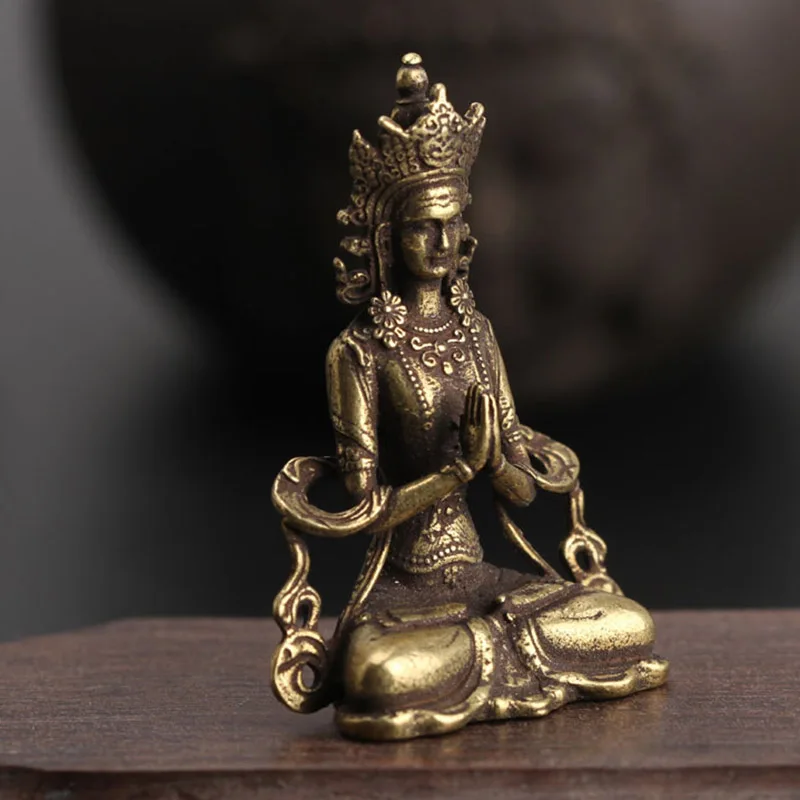 Retro Brass Meditate Zen Buddhism Household Buddha ornament Living Room Handmade Decoration Copper Statue Tea House Ornament