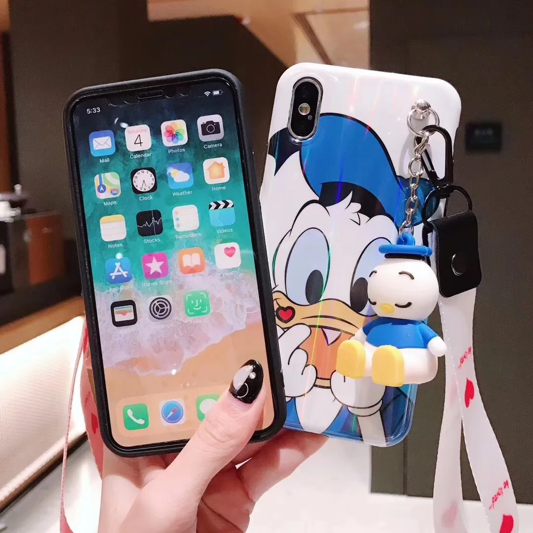 Милый мультяшный Дональд Дак Дейзи чехол для телефона для iphone 11 Pro XR X XS MAX 7 8 6 Plus Аниме кукла игрушка Радуга Пара чехол ремешок