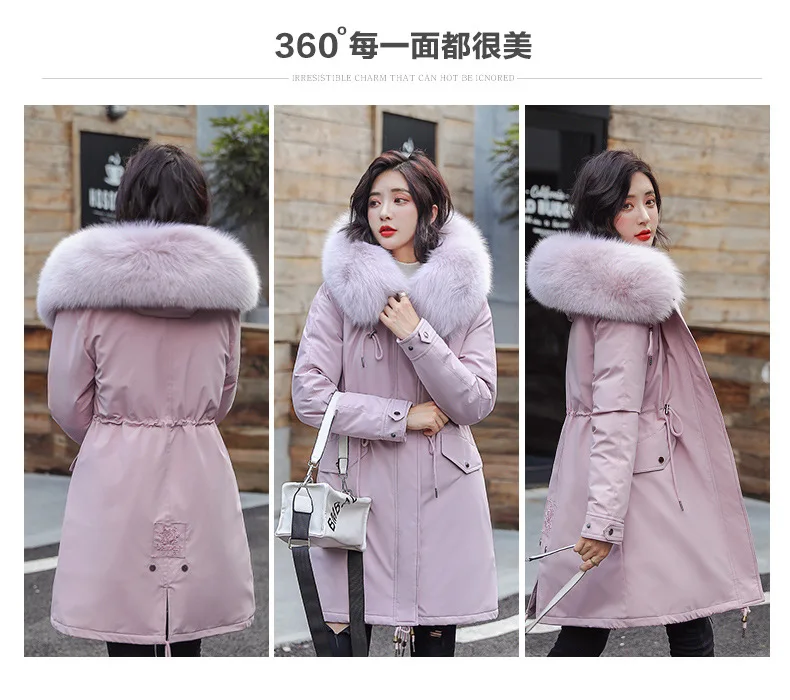 Зимнее женское пальто, большой меховой воротник, с капюшоном, длинная куртка, толстая, теплая, Корейская, с подкладкой, парка большого размера в стиле милитари