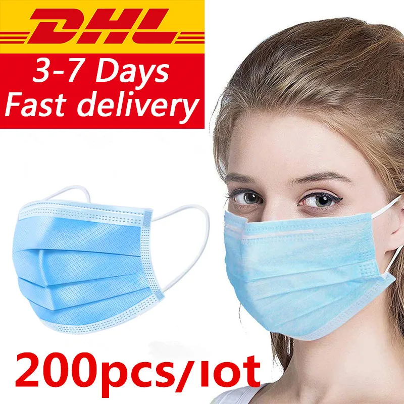 

200pcs 3-Ply Blue Non-woven Face Mouth Mask Disposable Protective Masks Anti Dust PM2.5 Masks Masque Respirator DHL Free Ship