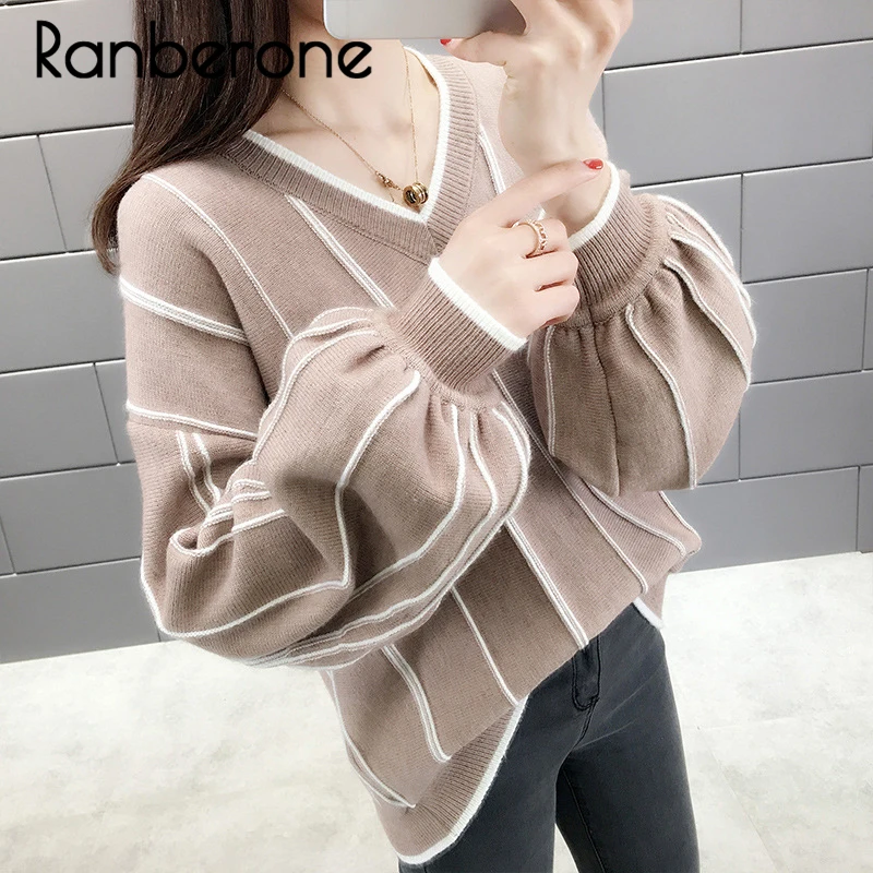 Ranberone Autumn Winter Women Knitted Sweaters Pullovers Loose Wild Fashion V Neck Striped Pullover Patch Pull Femme Lady Top Ranberone Autumn Winter Women Knitted Sweaters Pullovers Loose Wild Fashion V Neck Striped Pullover Patch Pull Femme Lady Top