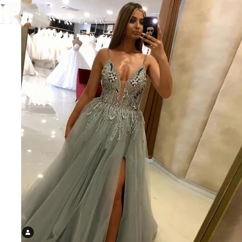 Vestidos de Fiesta largos de tul con corte en a y perlas, vestido de noche,  2021|Vestidos de graduación| - AliExpress