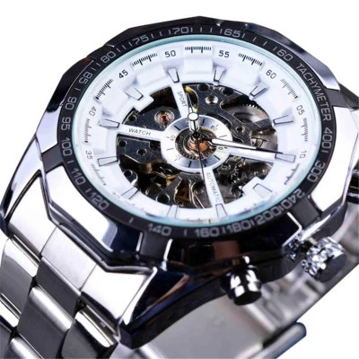 Winner Luxury Hollow Engraving Black Gold Case Leather Automatic Skeleton Mechanical Watches Men Luxury Brand Montre Homme Clock - Цвет: SliverWhite