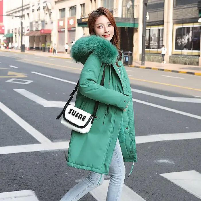 Winter Jacket Women Wool Liner Padded Jackets Outwear Plus Size Slim Warm Waterproof Parka Mujer Fur Collar Hooded Coat Female - Цвет: Зеленый