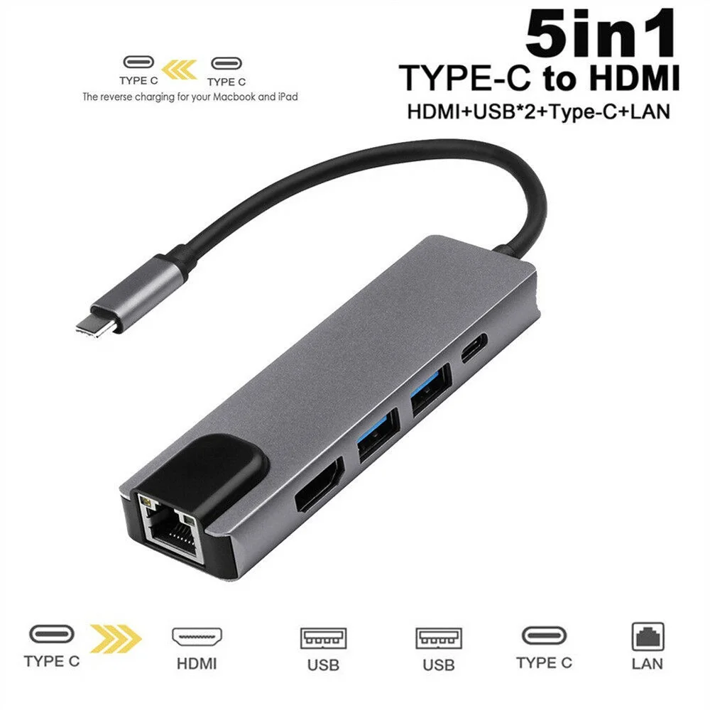 5 в 1 концентратор USB Type C Hdmi Rj45 Lan адаптер для Macbook Pro Thunderbolt 3, USB C к Gigabit Ethernet адаптер USB-C порт зарядного устройства