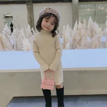Осень-зима, Новое поступление, модное вязаное платье для девочек, детское платье с высоким воротом, детское платье-свитер
