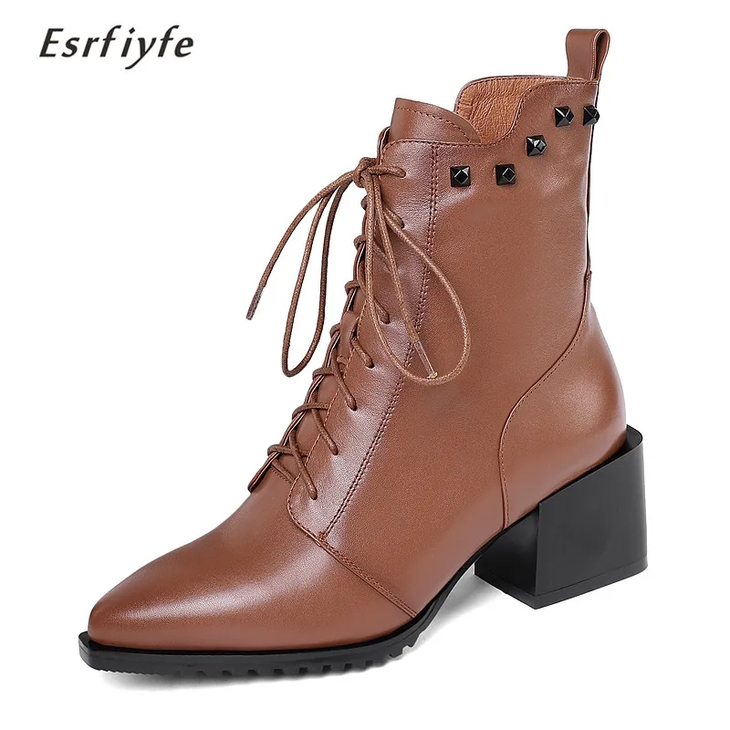 

ESRFIYFE 2020 New Genuine Leather Women Ankle Boots Thick Heels Pointed Toe Spring Fall Winter Lace Up Shoes Plush Size 34-42