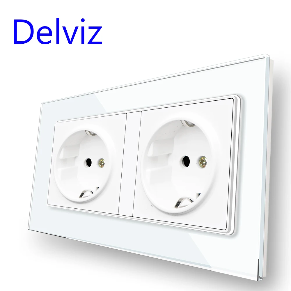 Delviz 16A Wall Power Socket, AC 110V~250V Rectangular socket,Gray Tempered Crystal Glass Panel, EU standard power Double Outlet