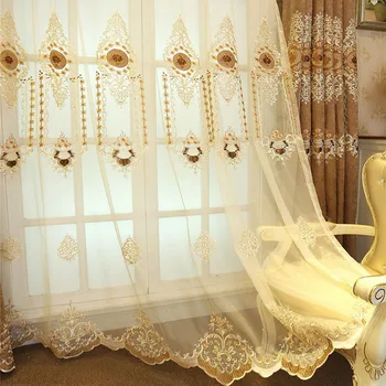 

European Chenille Blackout Curtains for Bedroom Luxury Coffee Blue Embroidered Tulle for Living room Decor Window Drapes M209D4