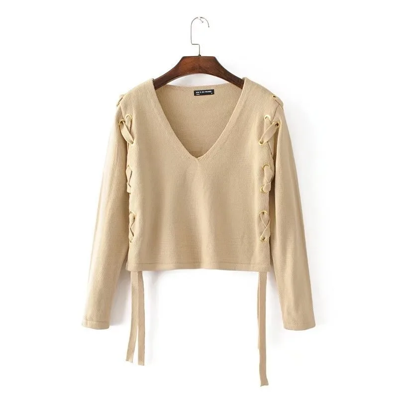 

2020 Spring and Autumn New European and American Style Women's Fashion Sexy Big Hole V-neck Two-Side Lace-up Sweater Sweater