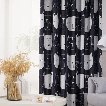 

Simple Modern Cartoon Children's Room Black Cat Print Shade Curtains for Living Dining Room Bedroom.