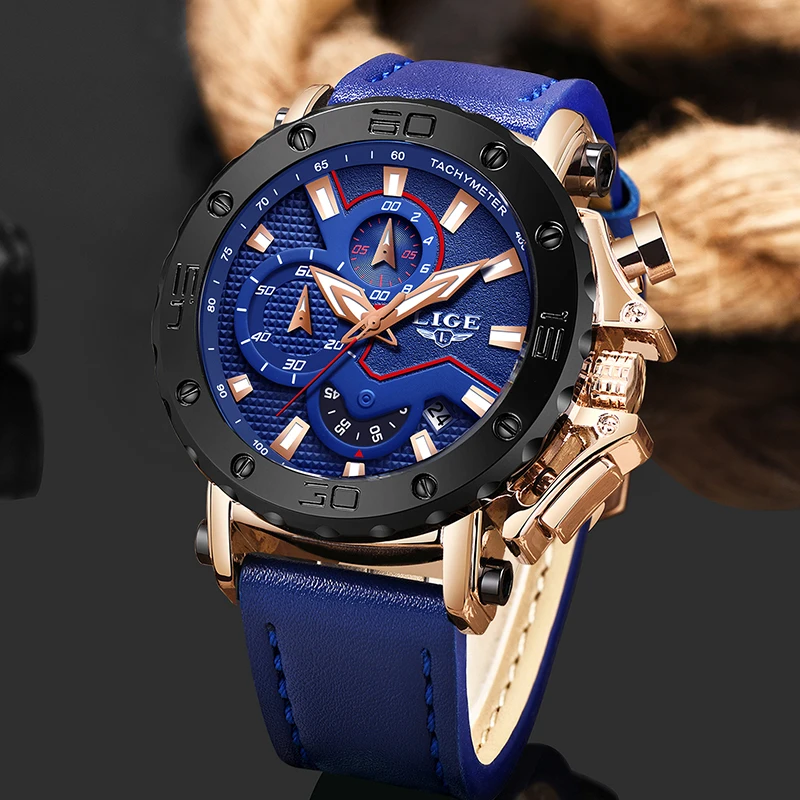  LIGENew Fashion Mens Watches Top Brand Luxury Big Dial Military Quartz Watch Blue Leather Waterproo