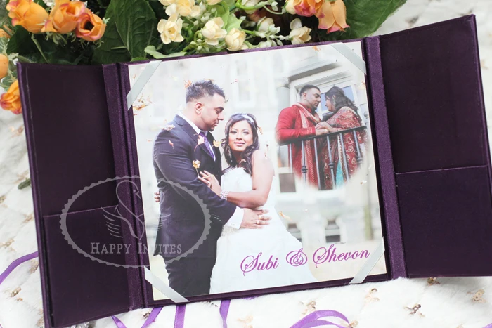 HI2003-102 Custom Dark Purple Silk Folder Wedding Invitation with Gold Foiling Printing Made in China More Colors Available Factory Price